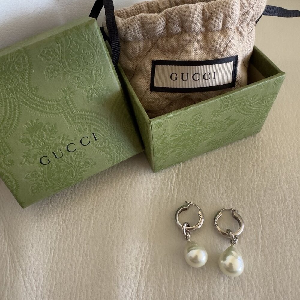 NEW GUCCI HOOP EARRINGS WITH PEARL DROPS 925 Sterling Silver - Picture 4 of 9